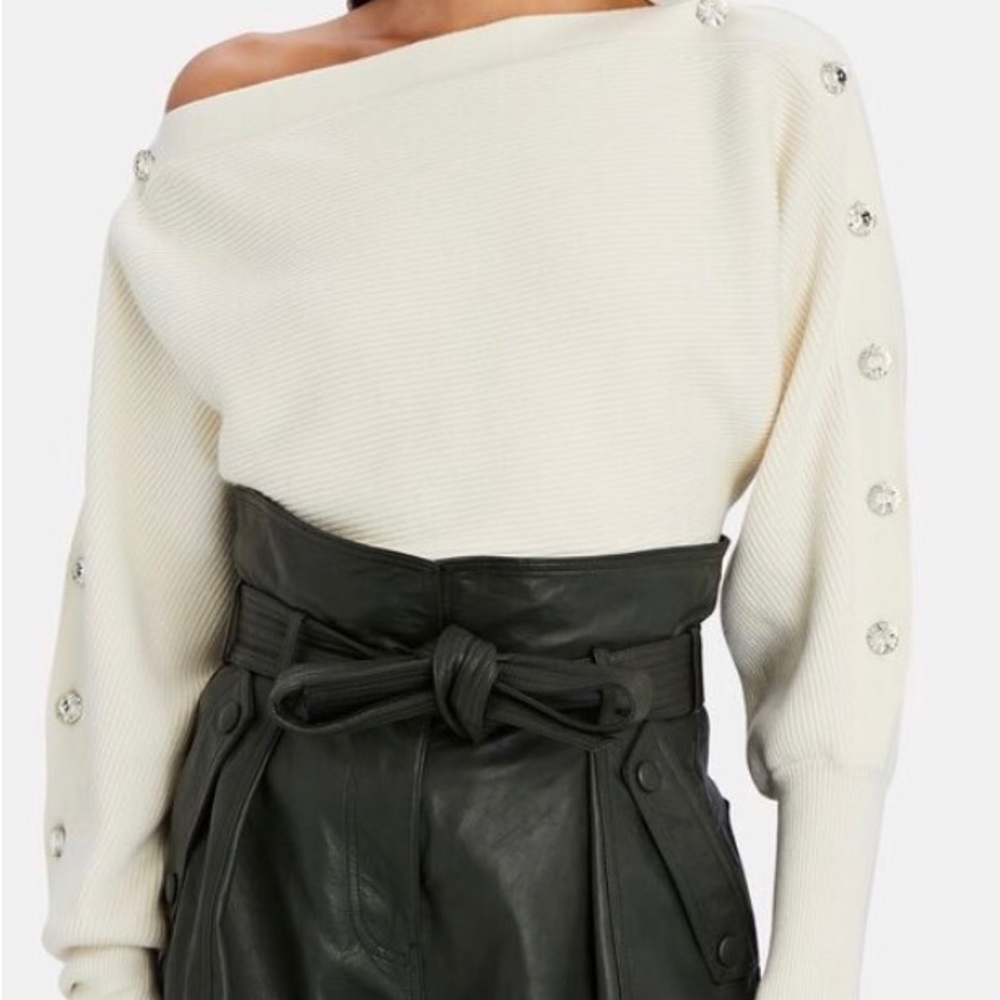 Intermix Breanne Ivory Knit Sweater Crystal Button Trim Boat Neck